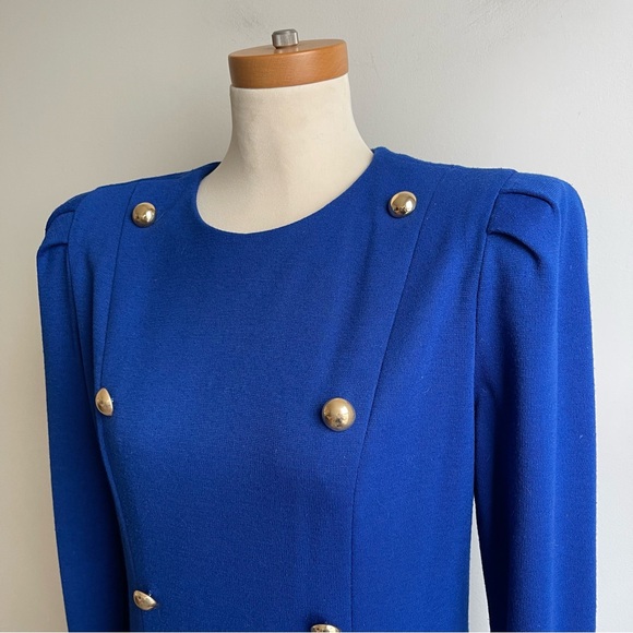 Vintage 80s David Warren Blue Knit Dress Midi Wool Gold Buttons Money ILGWU 10 P - Picture 4 of 10